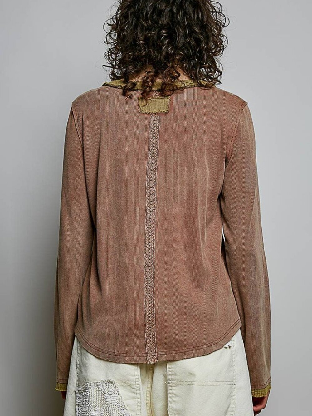 BNWT POL Solid Long Sleeve Round Neck Lace Trim Choco & Mustard Rib Knit Top - Picture 7 of 12